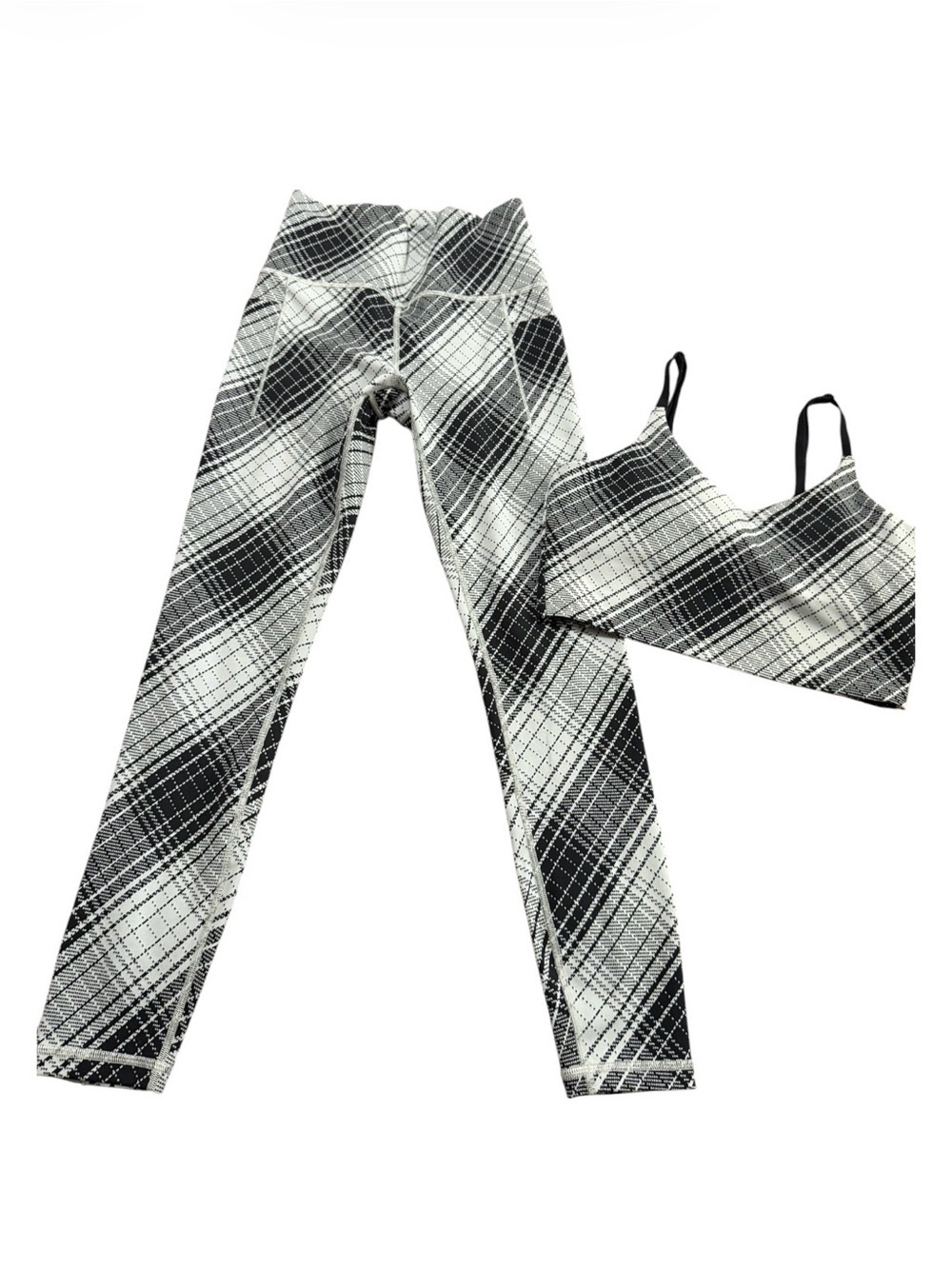 Athleta Black Plaid Athletic Set Active Bra Adjustable Straps Leggings Size XS/S